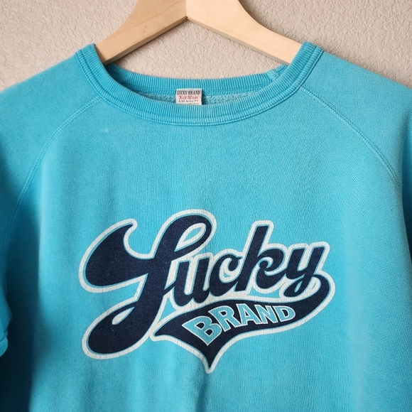 LUCKY BRAND x VINTAGE Y2K 2000s Stripe Sleeve crewneck logo Sweatshirt in blue M - Picture 8 of 8